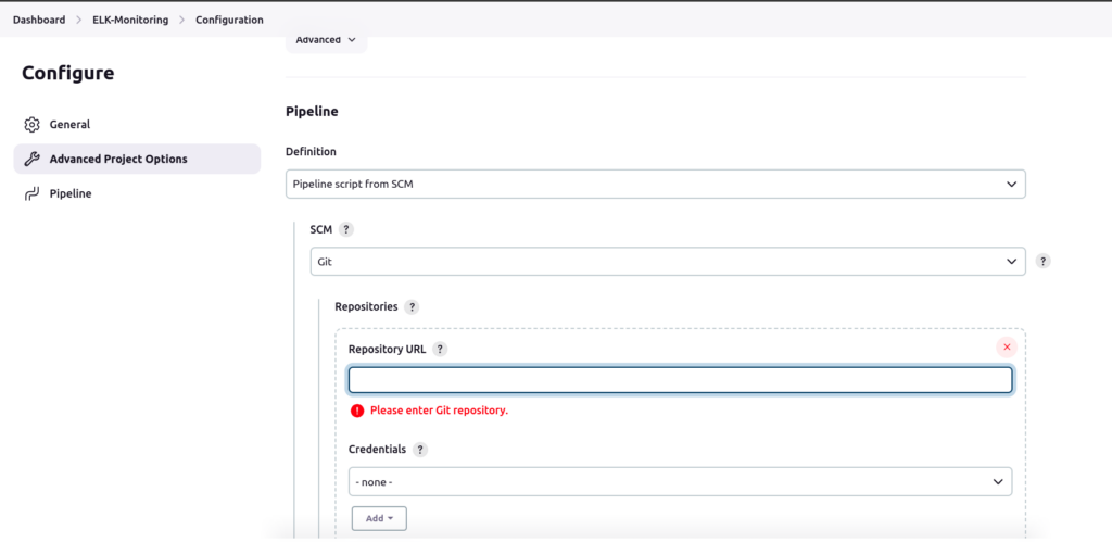 Entering the Repository Details such as URL, Branch