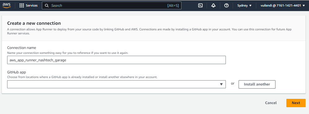 Step 1: GitHub create new connection for AWS App Runner