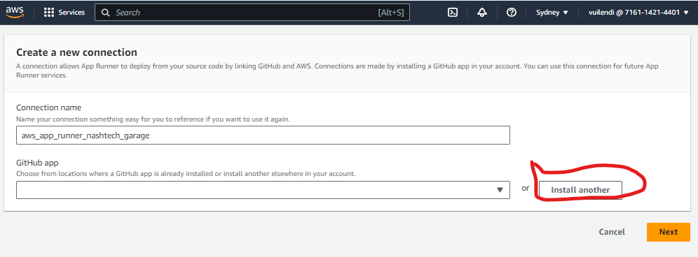 Step 1: GitHub creates a new connection - Install Another button (for AWS App Runner)