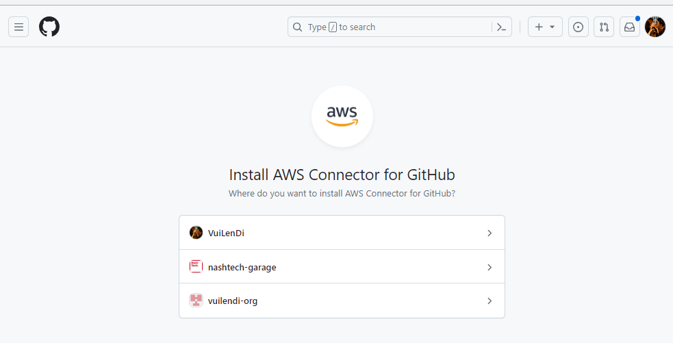 Choose GitHub level to connect to AWS Connector (for AWS App Runner)
