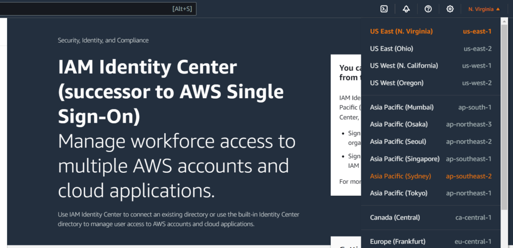 Switch to Sydney region to enable AWS Identity Center.