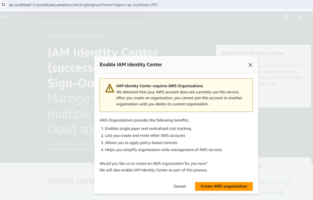 Accept enable AWS Organization.