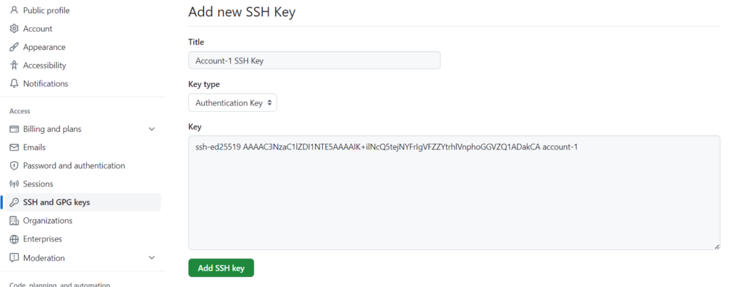 Add ssh public content to github account