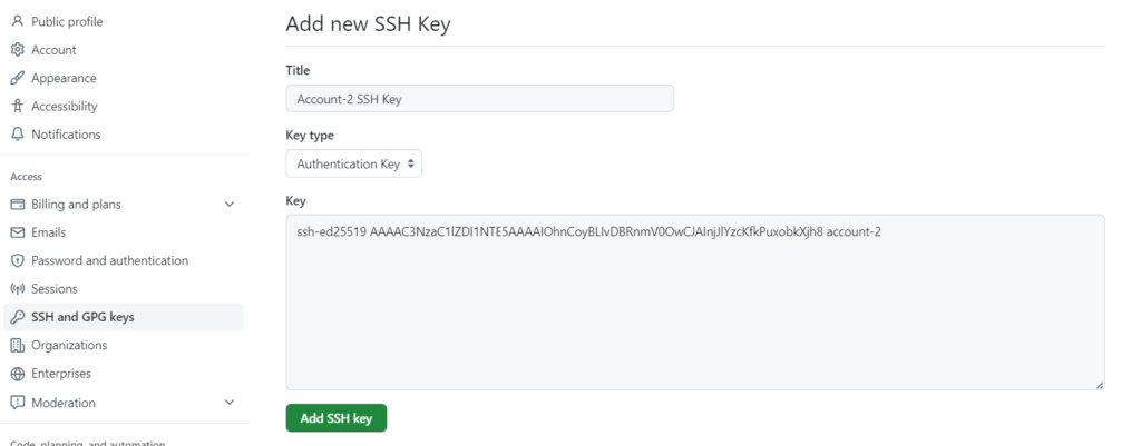 Add ssh public content to github account