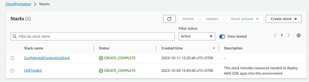 CloudFormation Stack dashboard after using aws cdk deploy