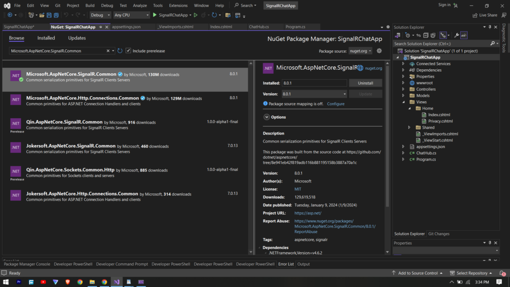 signalR application installation nuget package guide