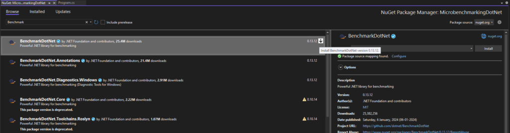 Installation of BenchmarkDotNet library from NuGet