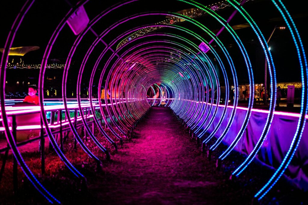 purple and pink lights tunnel in the park