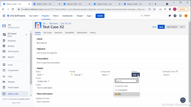Picture 7: Assigning the owner of a test case