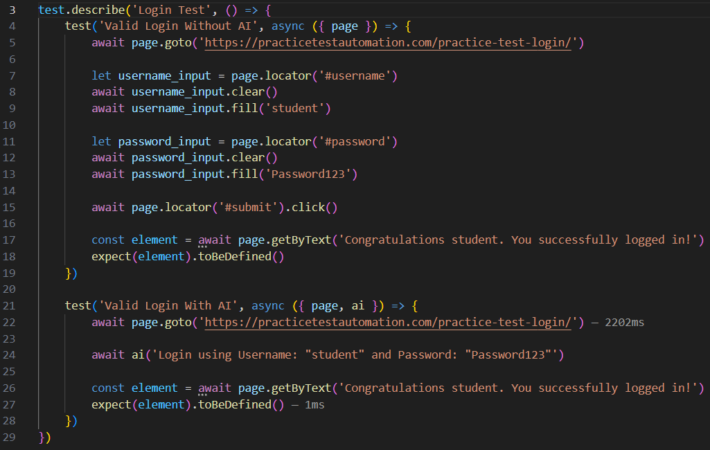 Testing ai test ZeroStep performance comparing to base Playwright. The code on the above is a typical Playwright code with multiple lines while the code below has only a line performing the same action