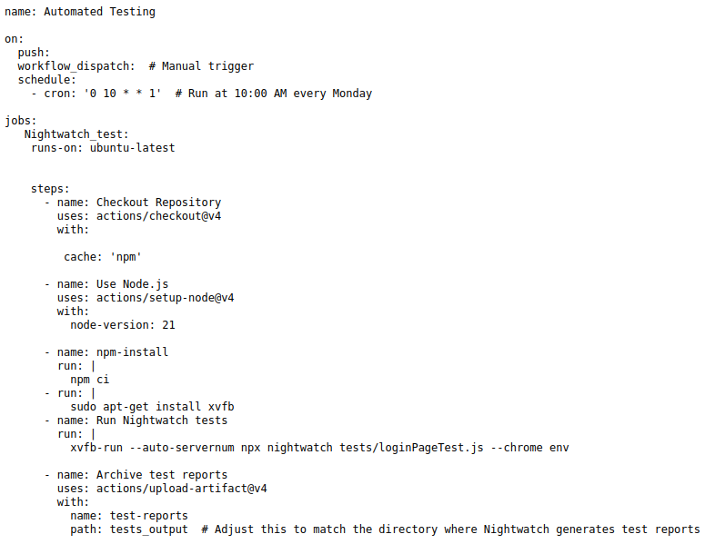 The .yml file reference for the integration of CI to Nightwatch.
