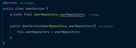 Constructor Injection Code Example with user service 