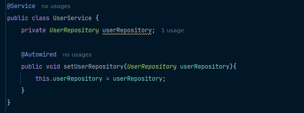 Setter Injection Code Example with user service 