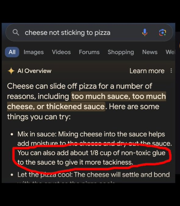 Screenshot of a Google search result page displaying advice on why cheese might slide off pizza, discussing possible reasons such as too much sauce or cheese, and suggesting solutions including the addition of non-toxic glue for tackiness.