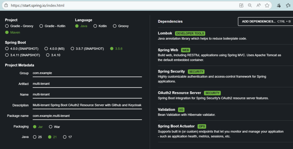 Spring Initializr page
