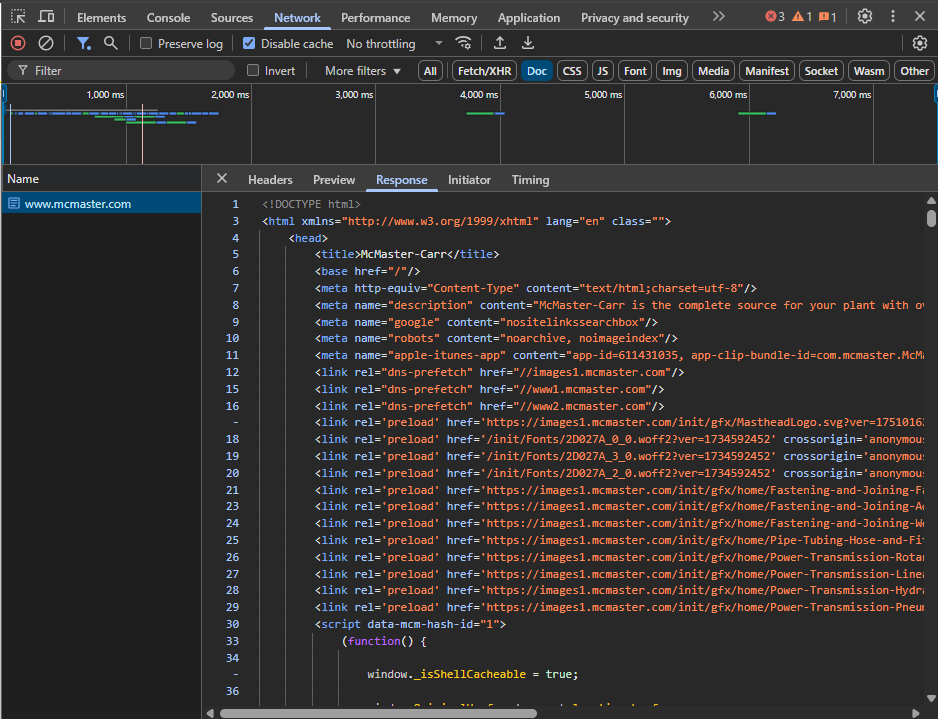 Network tab filtering “Document” requests, showing the initial HTML payload already includes catalog content.