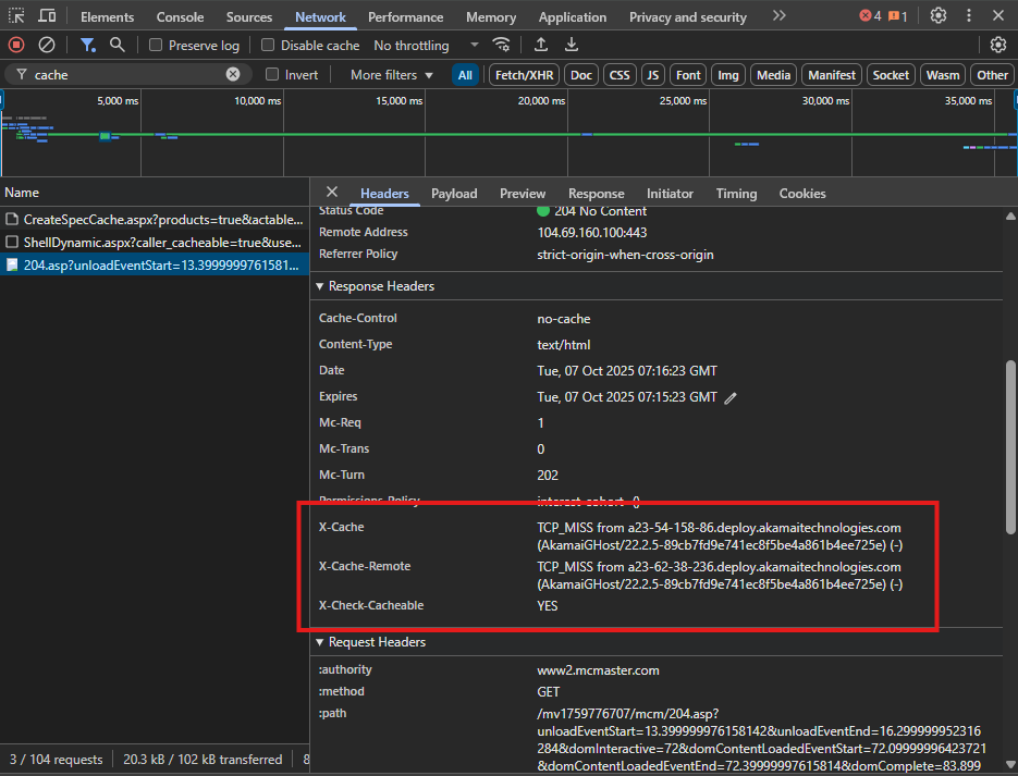 Response headers in DevTools showing x-cache and x-cache-remote from a CDN edge server.