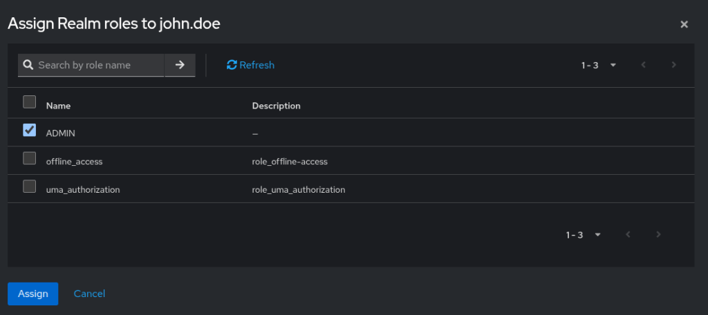 Assign role to user through Keycloak admin console
