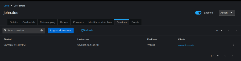 Verify user session in Keycloak admin console