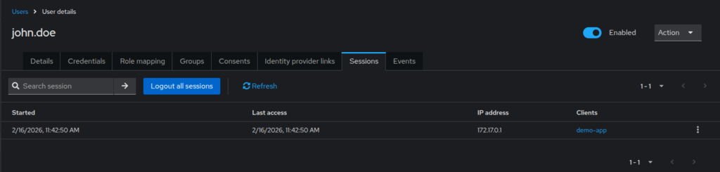 Verify Login Session in Keycloak Admin Console