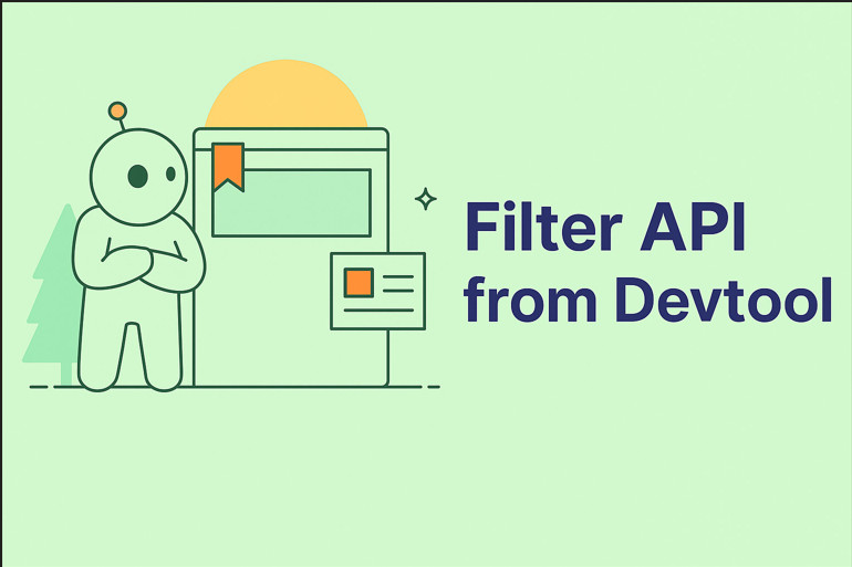 Illustration of filtering API requests using DevTools with a simple UI and cartoon figure