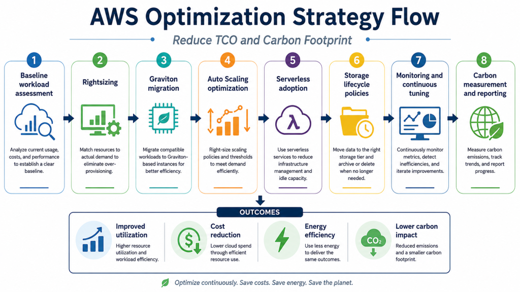 AWS workload optimization flow for energy-efficient computing using rightsizing, Graviton, Auto Scaling, serverless, and monitoring