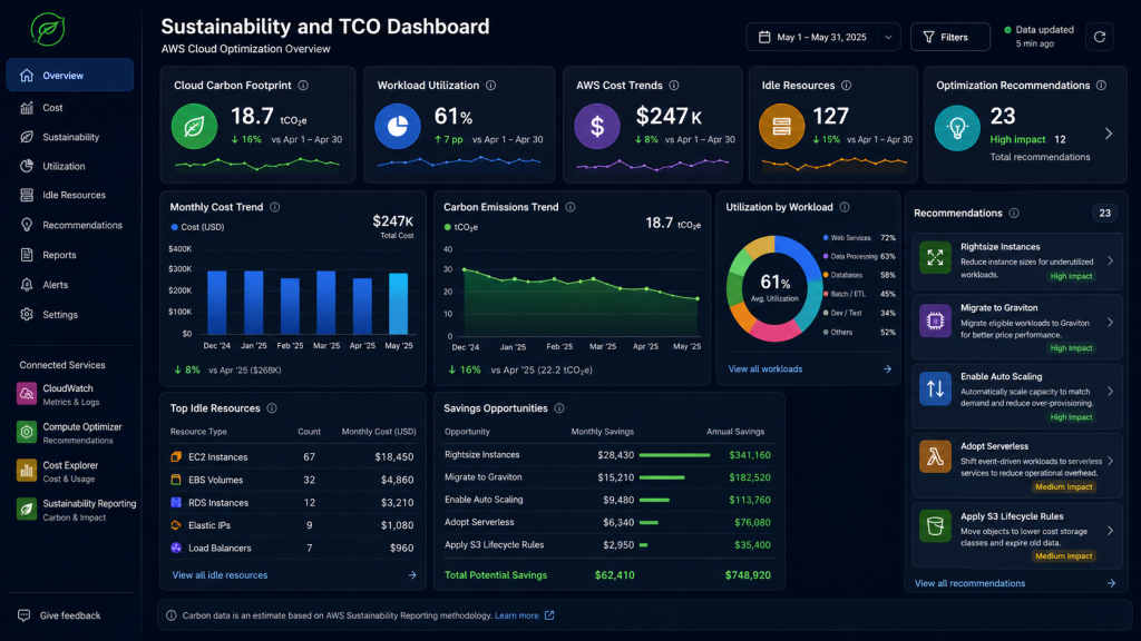 AWS sustainability dashboard for tracking cloud carbon footprint, workload utilization, TCO, and optimization recommendations
