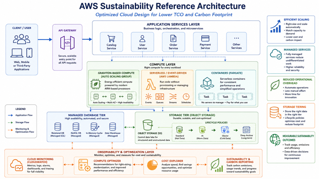 Reference architecture for energy-efficient AWS workloads using Graviton, Auto Scaling, serverless, monitoring, and carbon tracking