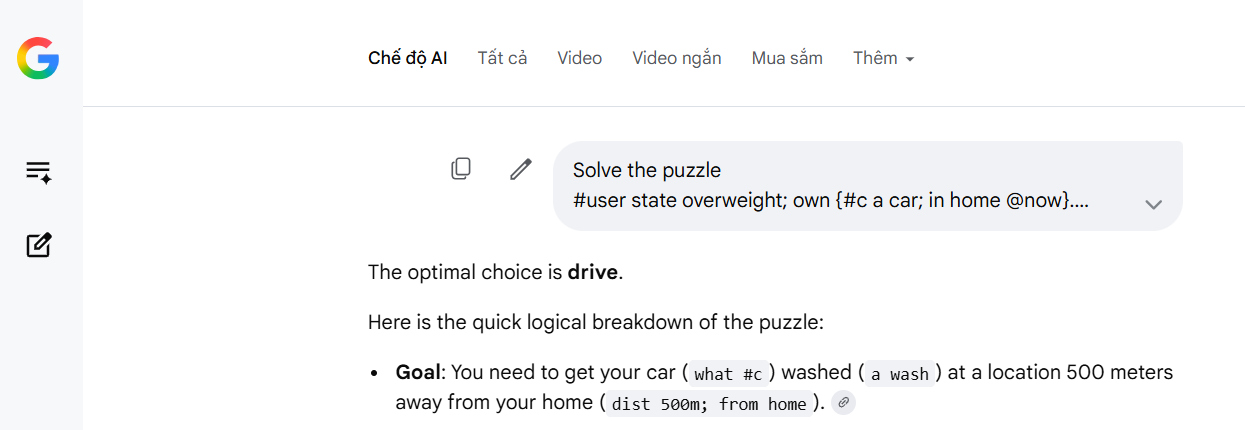 An AI answering that the optimal choice is drive, breaking the puzzle down by quoting the notation nodes what #c, a wash, and dist 500m from home