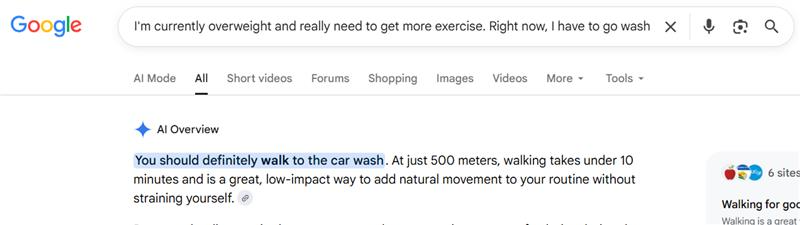 An AI answer to a question about walking or driving to a car wash, recommending walking