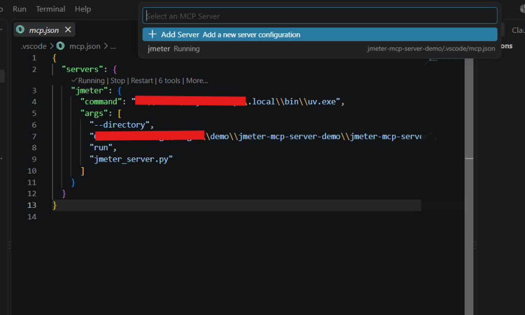 Selecting the jmeter server from VS Code's MCP picker