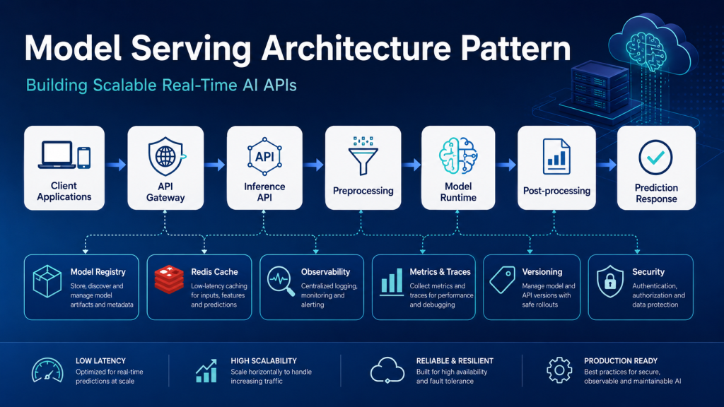Diagram of the Model Serving Architecture Pattern showing client applications, API gateway, inference API, preprocessing, model runtime, post-processing, and prediction response, supported by a model registry, Redis cache, observability, metrics, versioning, and security.