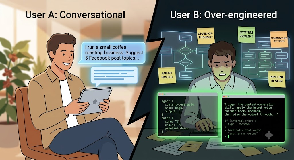 A dramatic visual comparison. Left (User A): A calm, simple process using plain language. Right (User B): A stressed user overwhelmed by technical jargon, complex flowcharts, and harsh lighting.