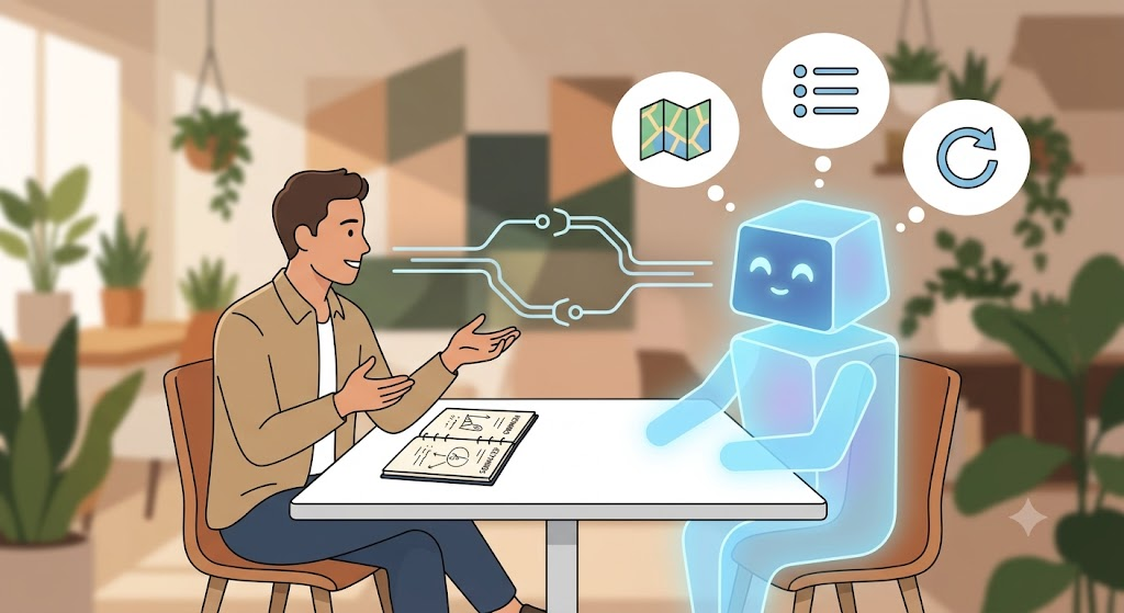 A bright, natural workspace where a human and a non-intimidating AI console interact as capable colleagues. Simple icons visualize the delegation process (Context, Task, Iteration).