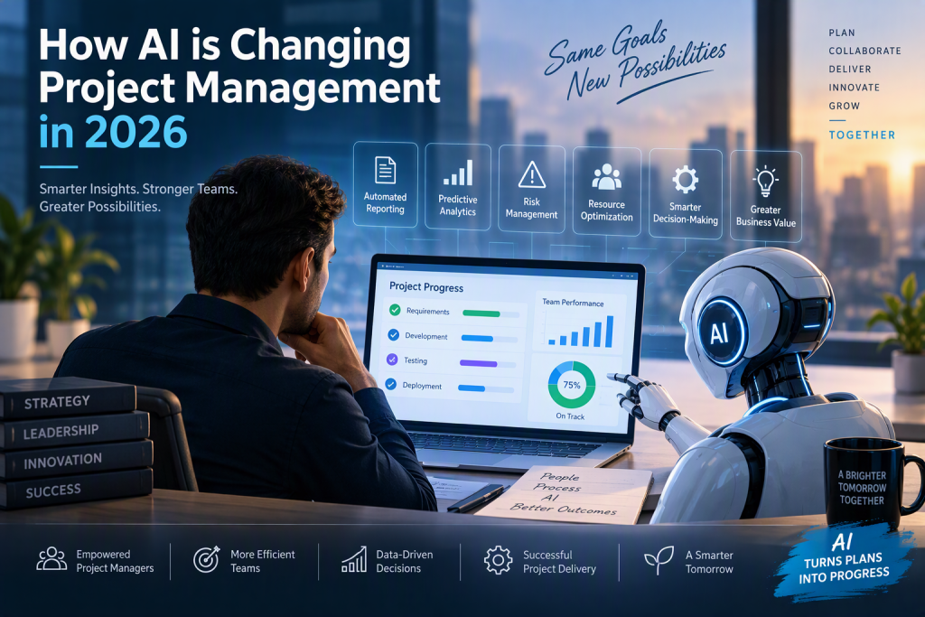 AI-powered project management dashboard showcasing predictive analytics, risk management, resource optimization, and intelligent project delivery in 2026.