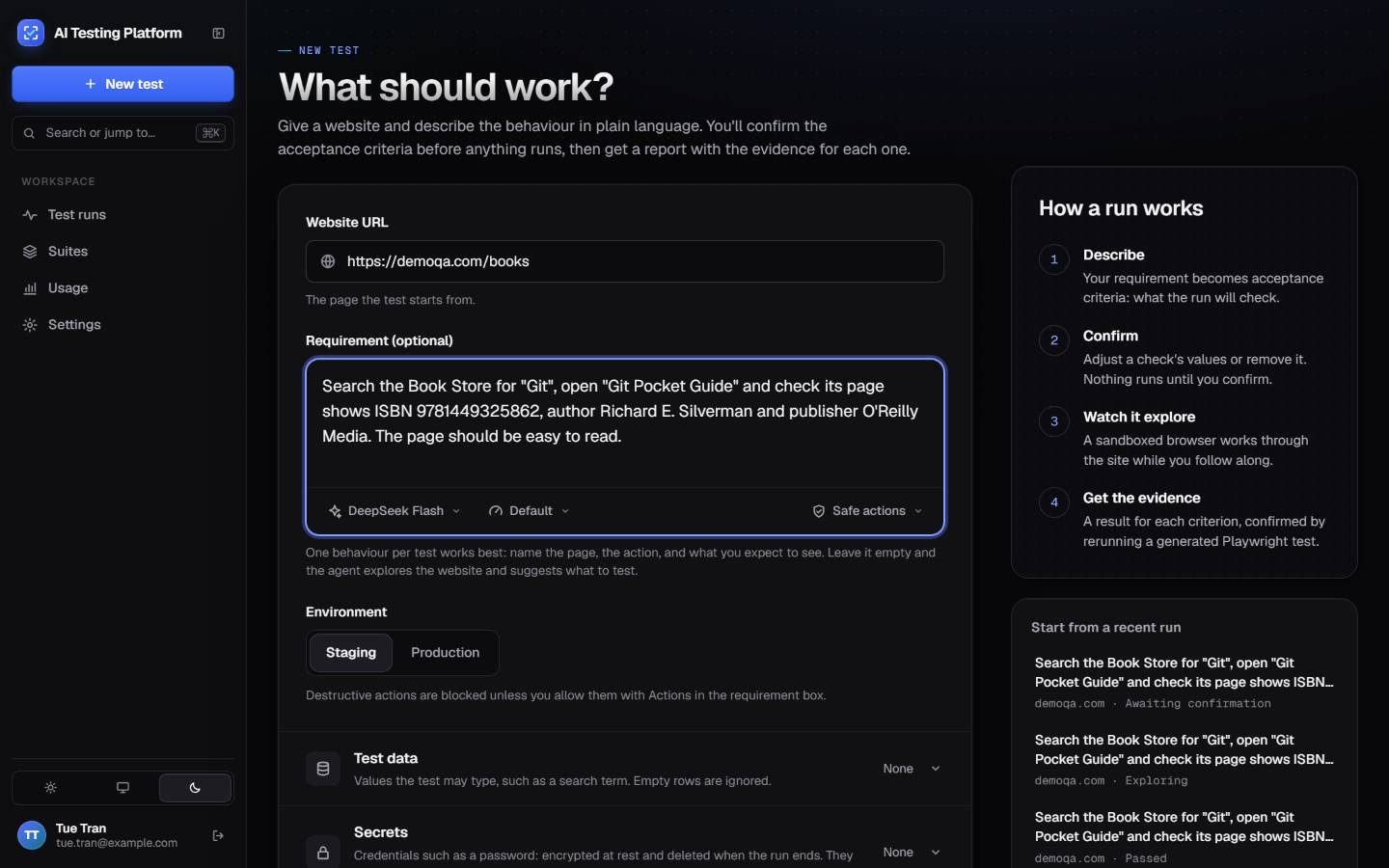 New test form with a website URL and a plain-language requirement