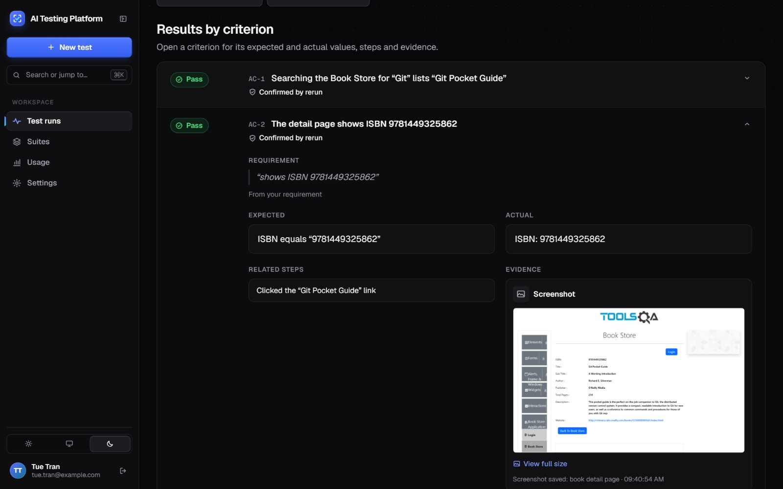 Criterion detail with expected and actual values, related steps and screenshot evidence