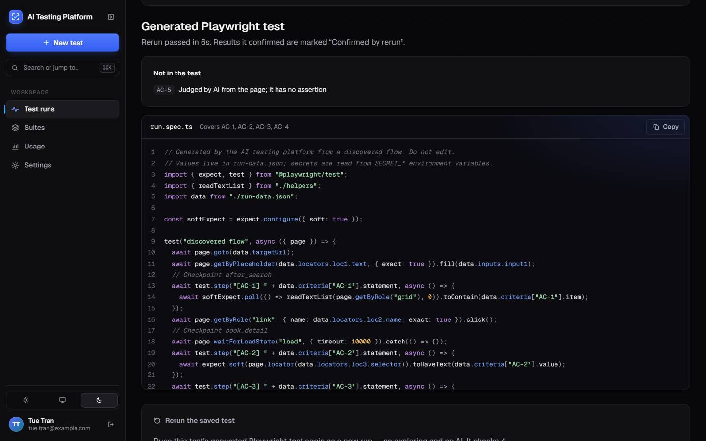 Generated Playwright test source shown in the report