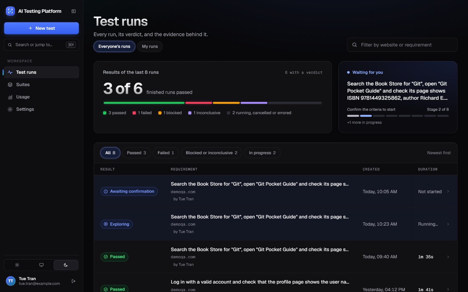 Run history with a verdict summary and the list of test runs